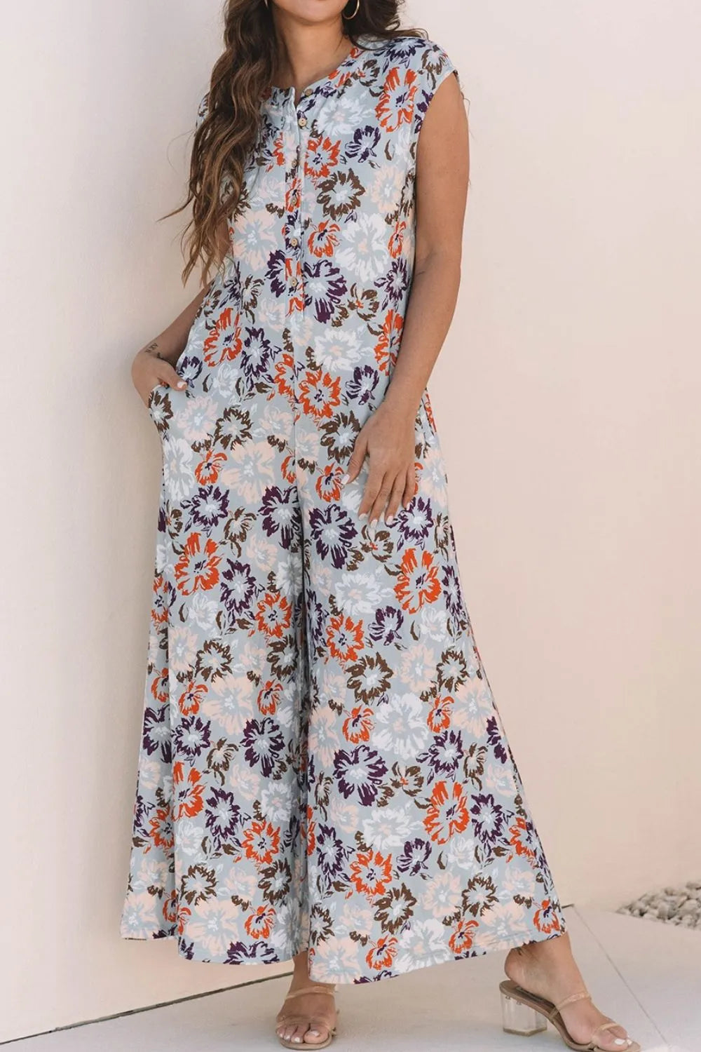Floral Sleeveless Button Front Wide Leg Jumpsuit - Floral - View 2