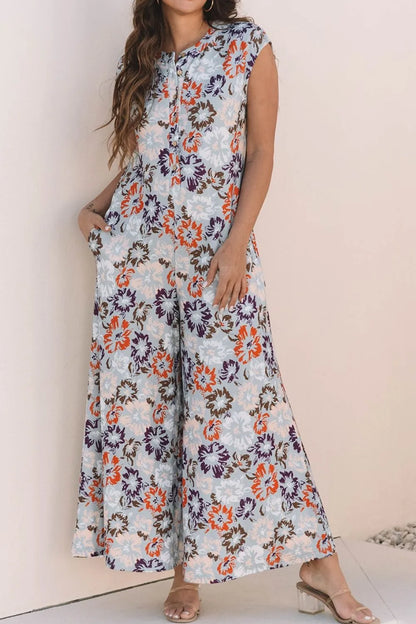 Floral Sleeveless Button Front Wide Leg Jumpsuit - Floral - View 2