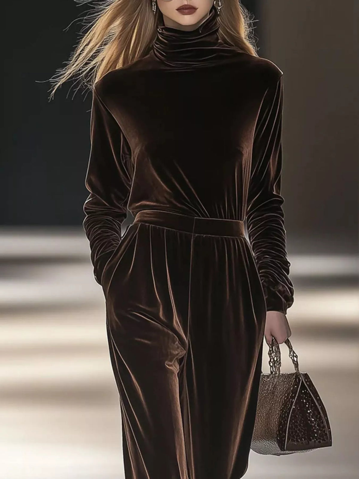 Full Size Velvet Turtleneck Long Sleeve Top and Wide-Leg Pants Set Plus Size - Dark Brown - View 2