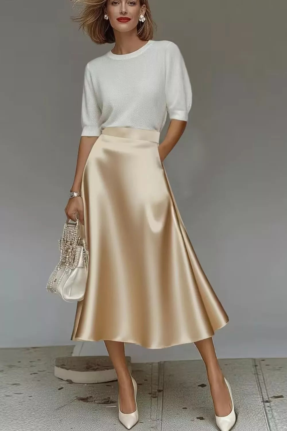 Satin A-Line Midi Skirt - Khaki - View 10