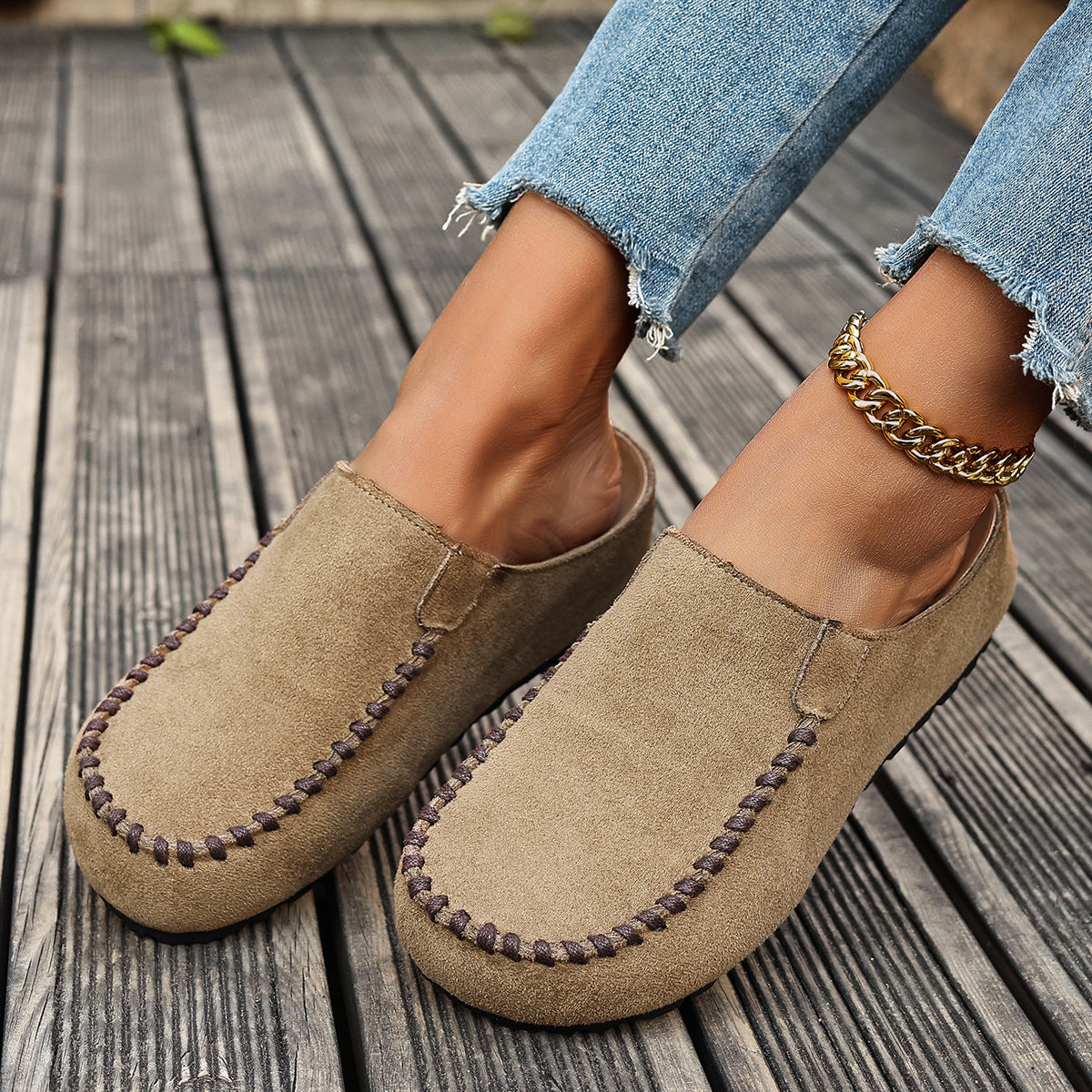 Round Toe Slip-Ons - Beige - View 8