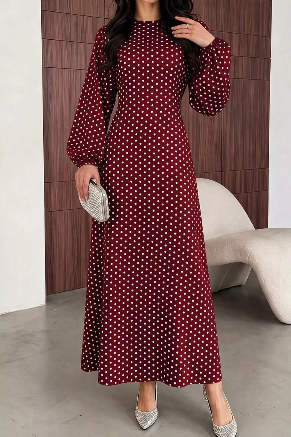 Polka Dot Long Sleeve Maxi Dress - Burgundy - View 1