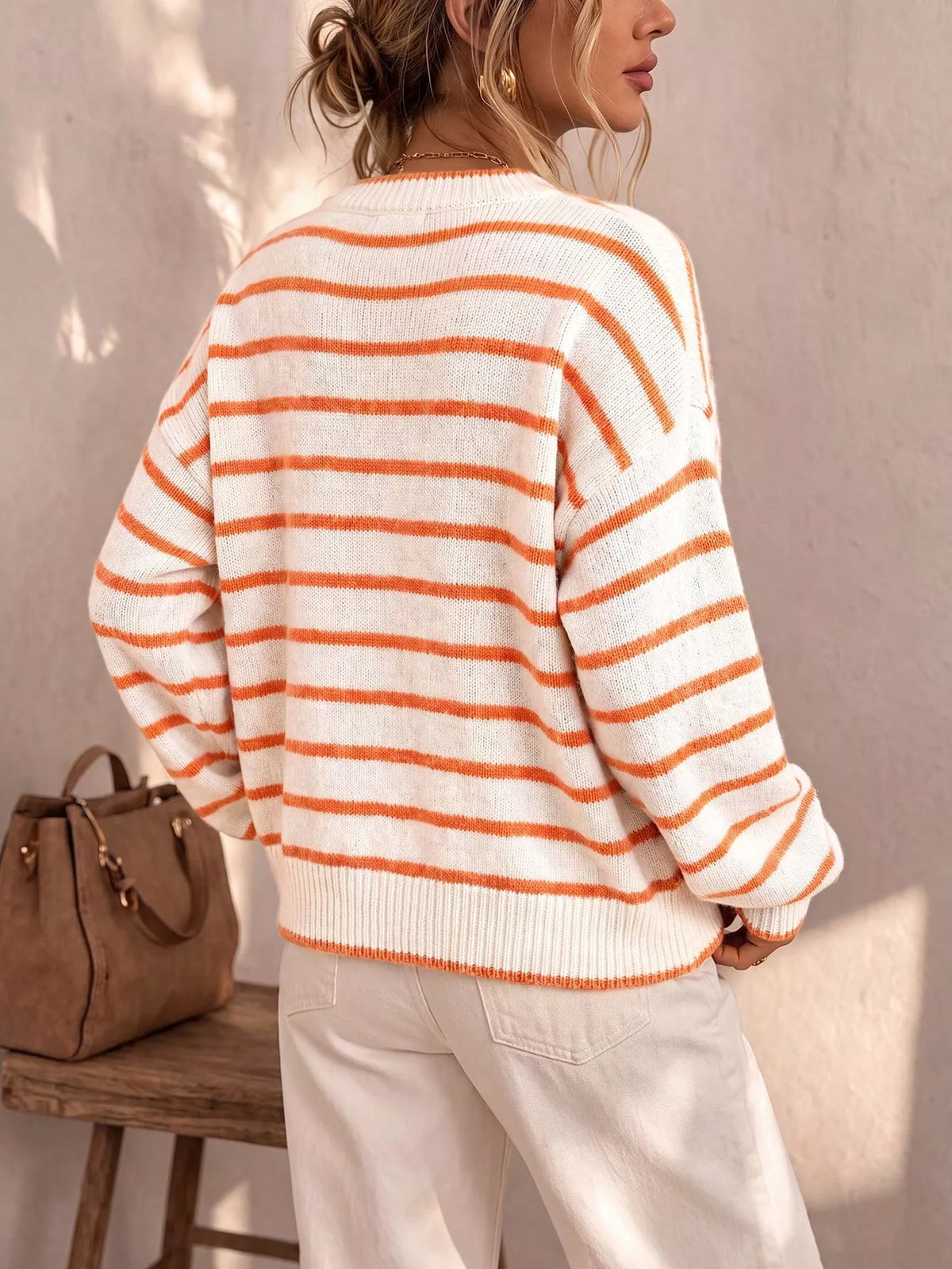 Striped Button-Down Knit Cardigan - White - View 6