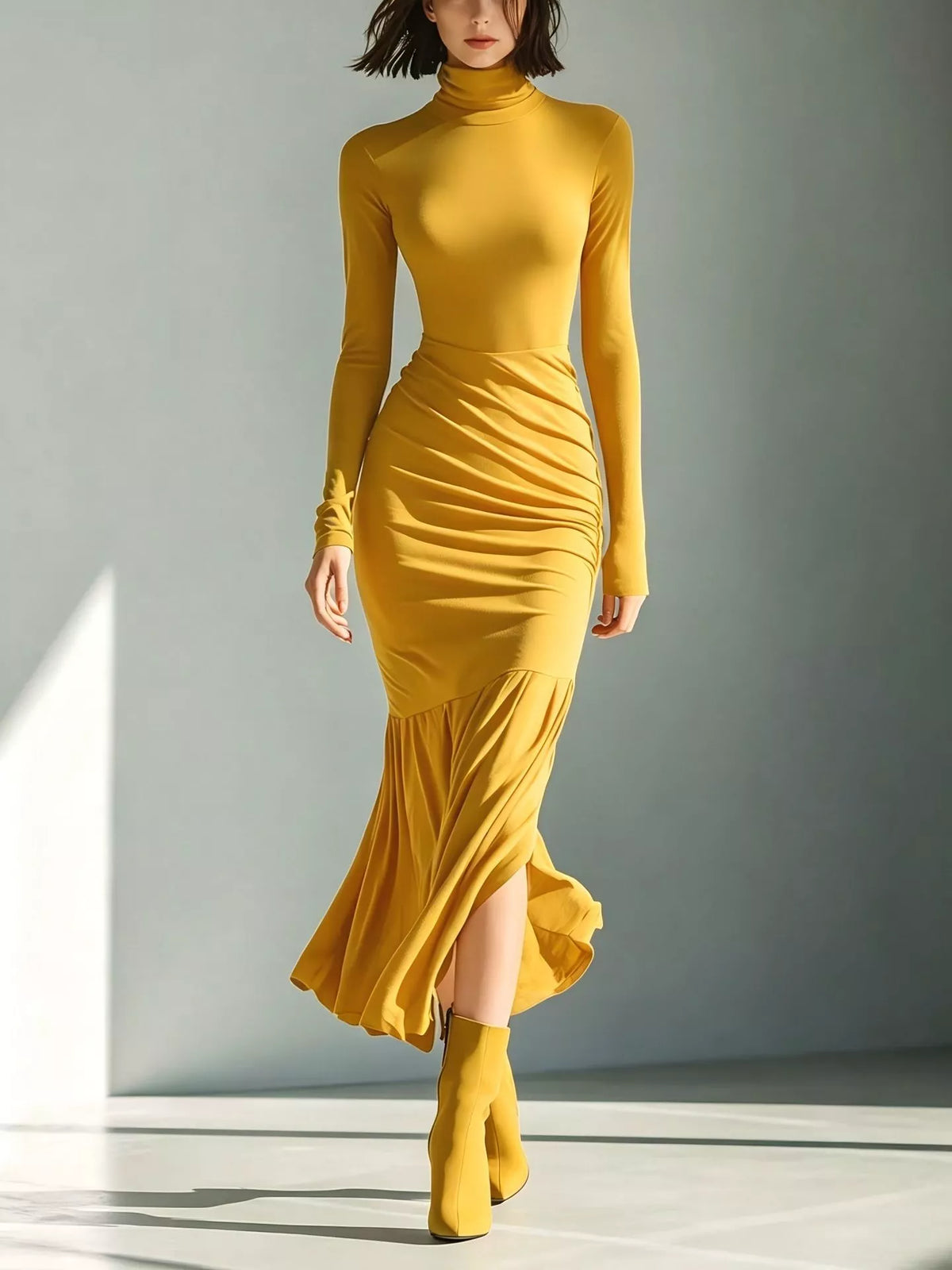 Full Size Slit Turtleneck Ruched Bodycon Mermaid Dress Plus Size - Yellow - View 1