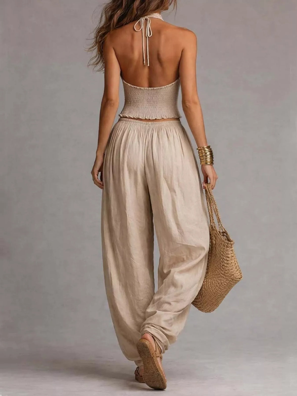 Full Size Halter Neck Top and Wide-Leg Harem Pants Two-Piece Set Plus Size - Khaki - View 2