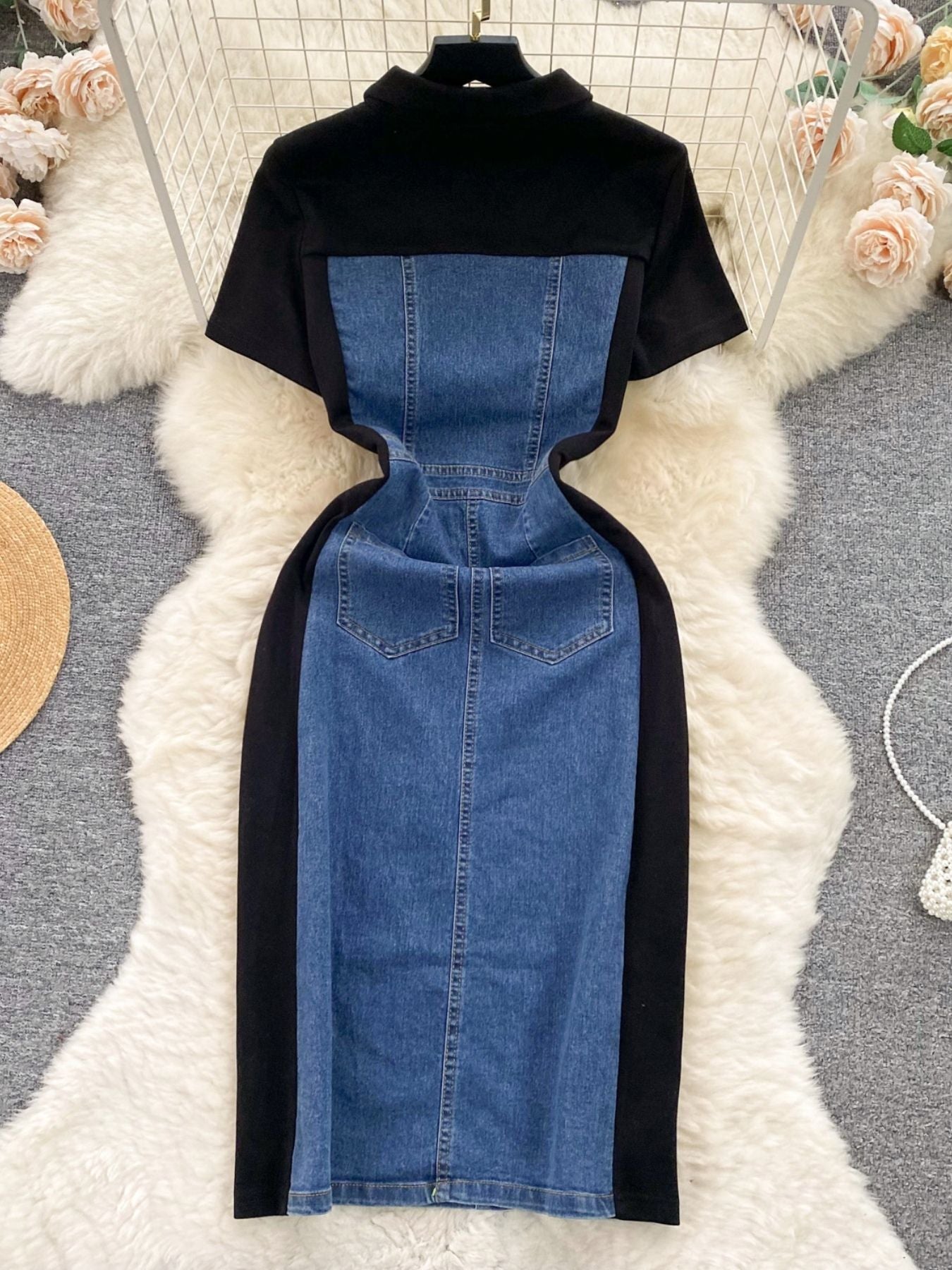 Full Size Color Block Denim Patchwork Bodycon Mini Dress Plus Size - Dark Blue - Rear Flat Lay View