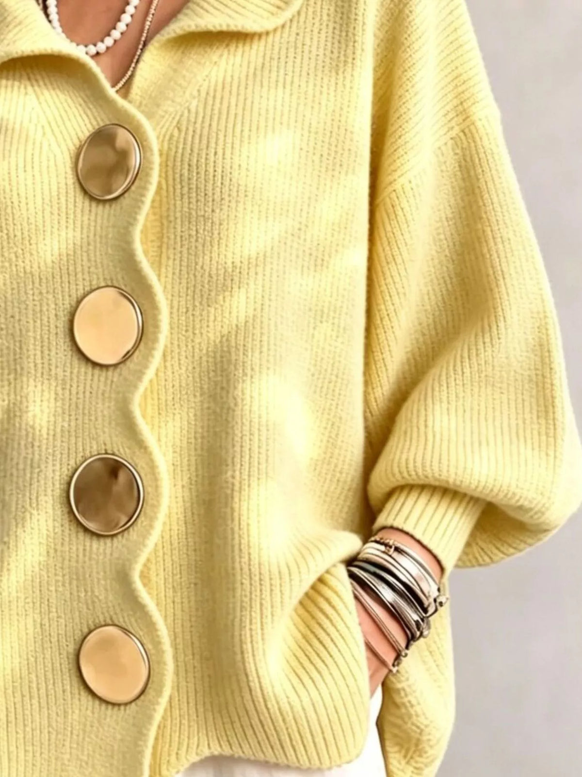 Full Size Scalloped-Edge Button-Down Cardigan Plus Size - Pastel Yellow - View 3