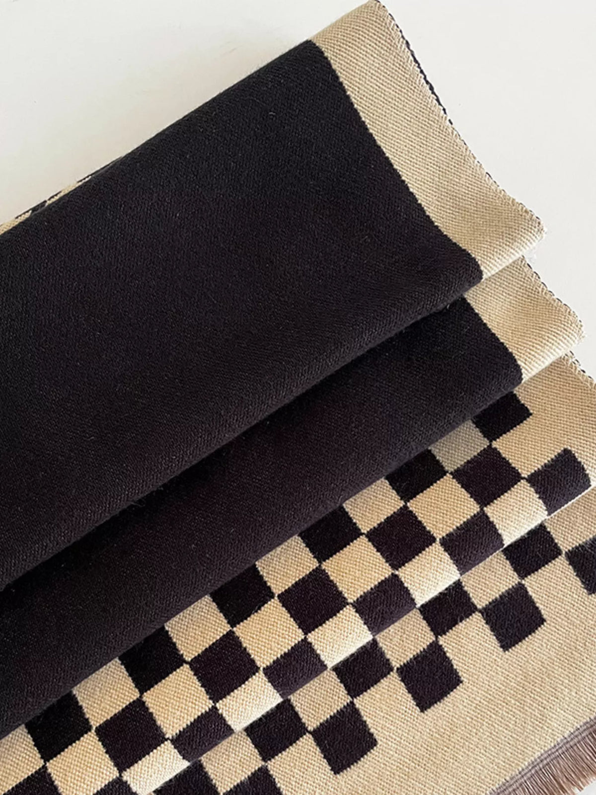 Checkered Raw Hem Scarf - Black And White - View 2