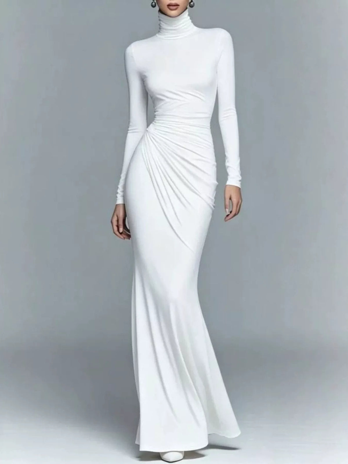 Turtleneck Long-Sleeve Ruched Maxi Dress - White - View 9