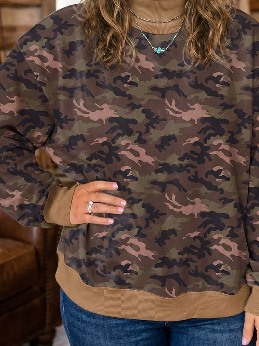 Plus Size Camouflage Print Long Sleeve Oversized Shift Sweatshirt - Brown - View 2