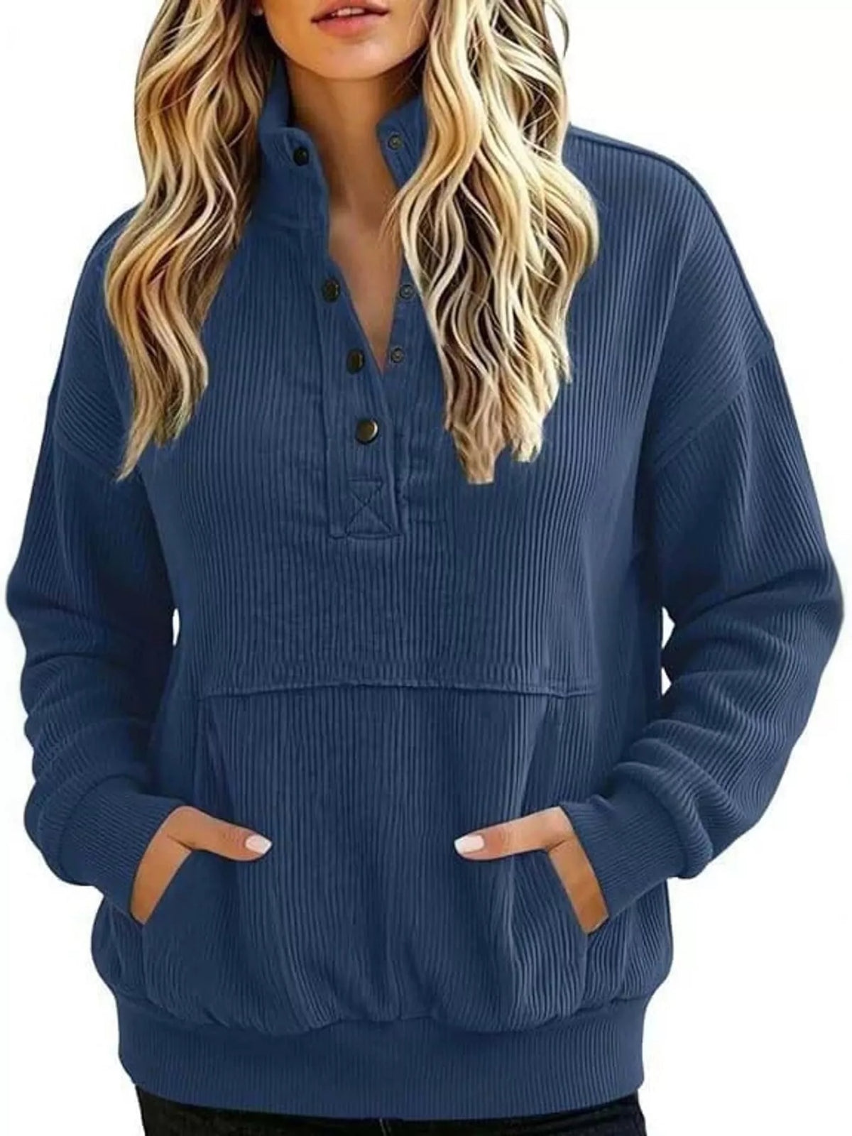 Full Size Quarter-Snap Sweatshirt with Kangaroo Pocket Plus Size - Navy Blue - View 17