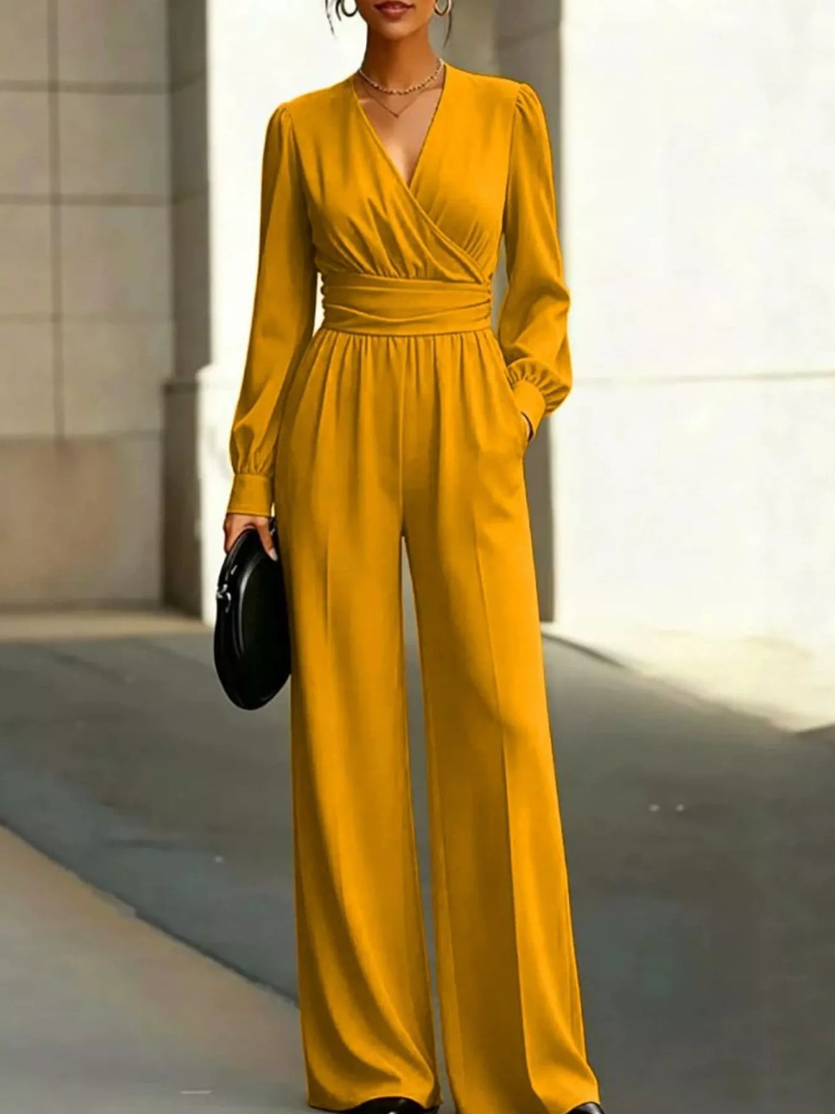 Surplice Long Sleeve Wide-Leg Jumpsuit - Yellow - View 1