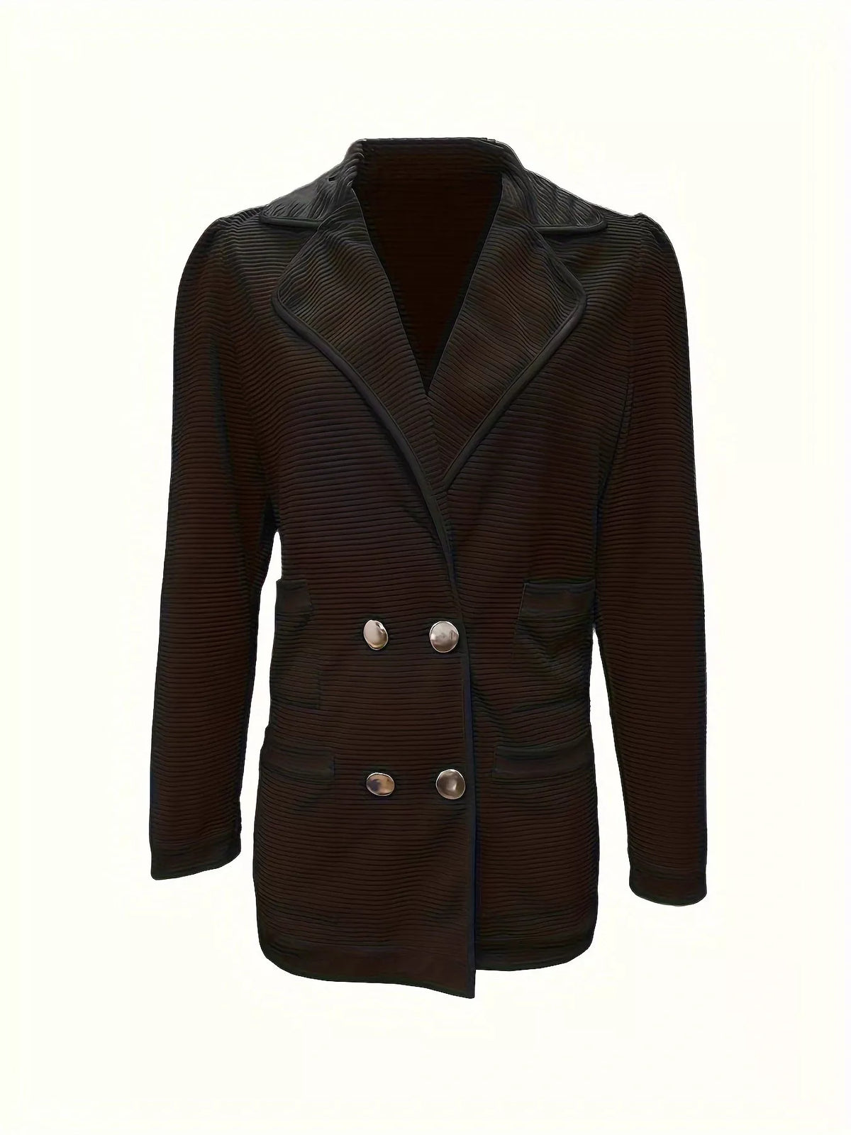 Texture Knit Double-Breasted Blazer - Black - View 14