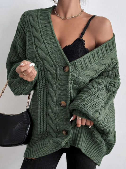Cable Knit V-Neck Button-Down Cardigan - Green - View 1