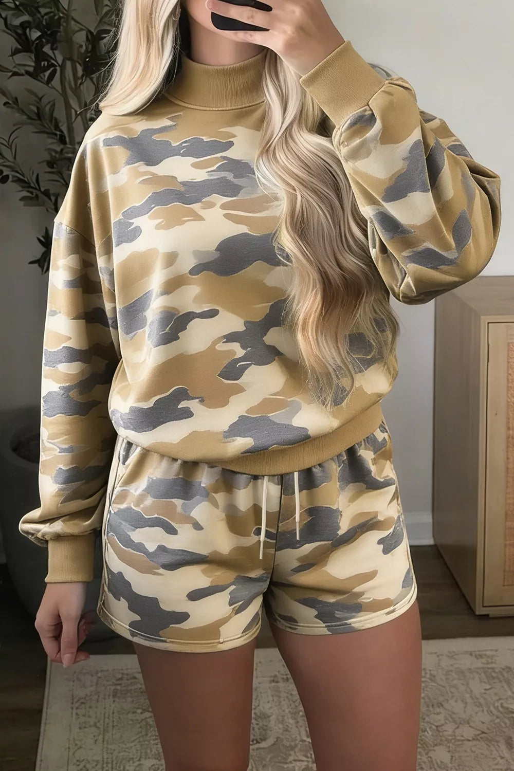 Camouflage Print Long Sleeve Top Drawstring Shorts Set - All Colors - View 1