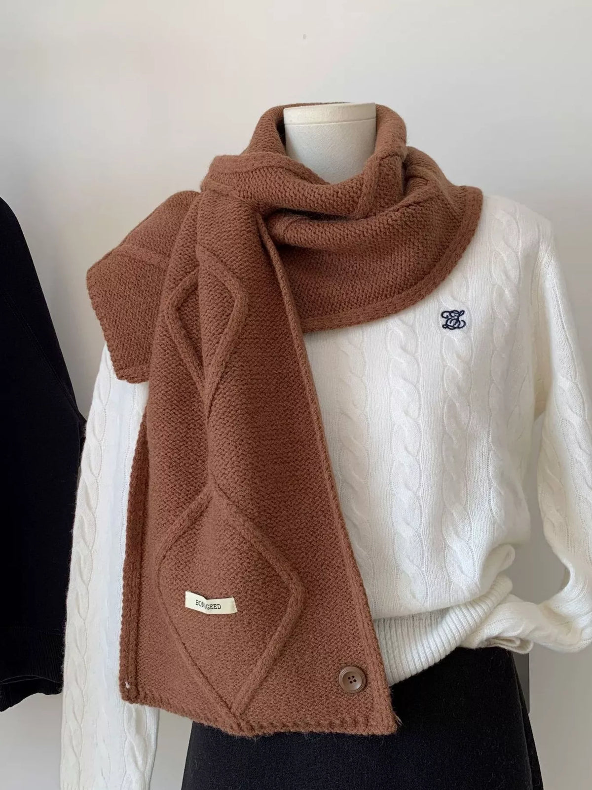 Solid Color Knitted Winter Scarf - Brown - View 9