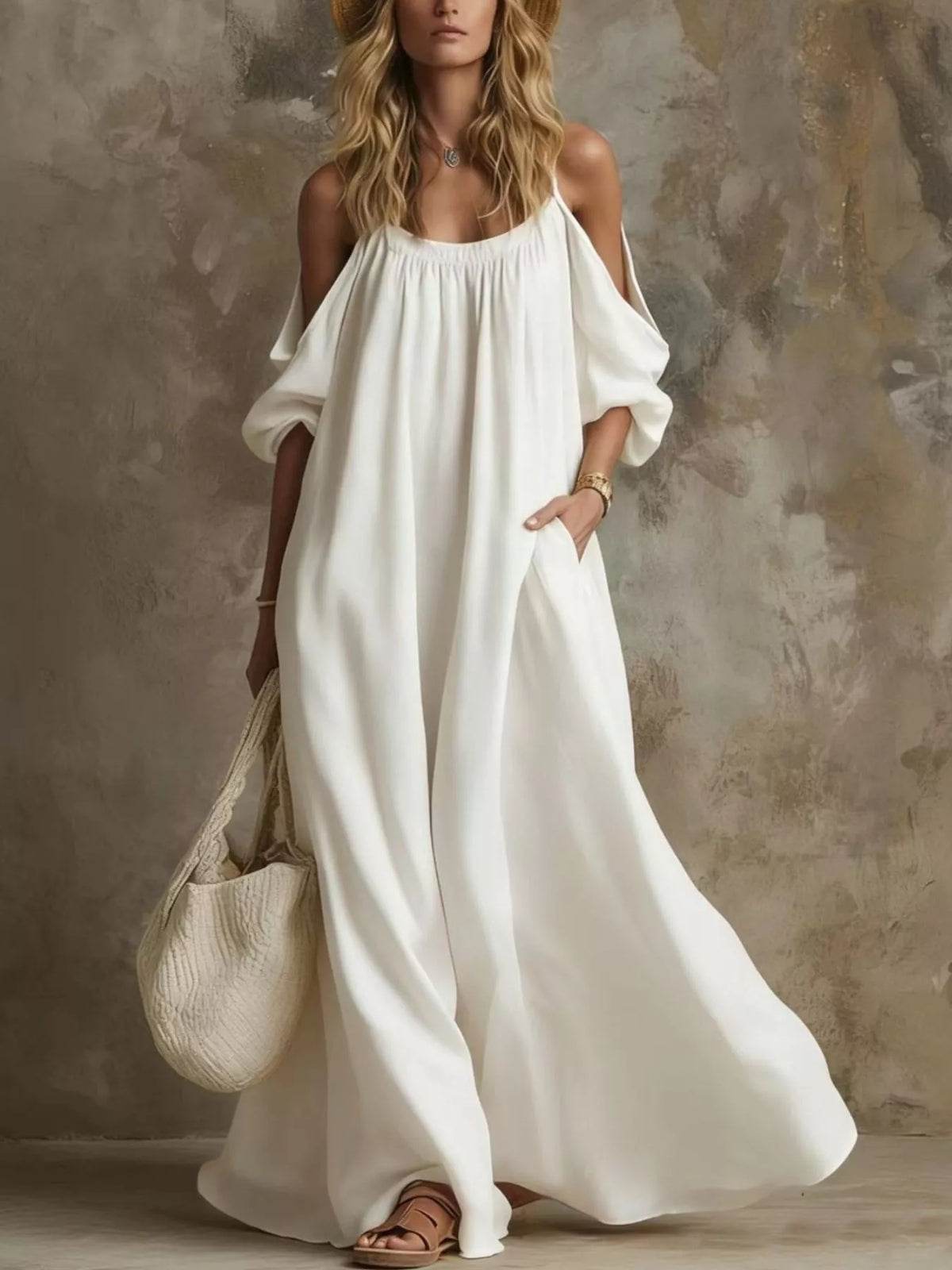 Full Size Cold-Shoulder Linen Maxi Dress Plus Size - White - View 1