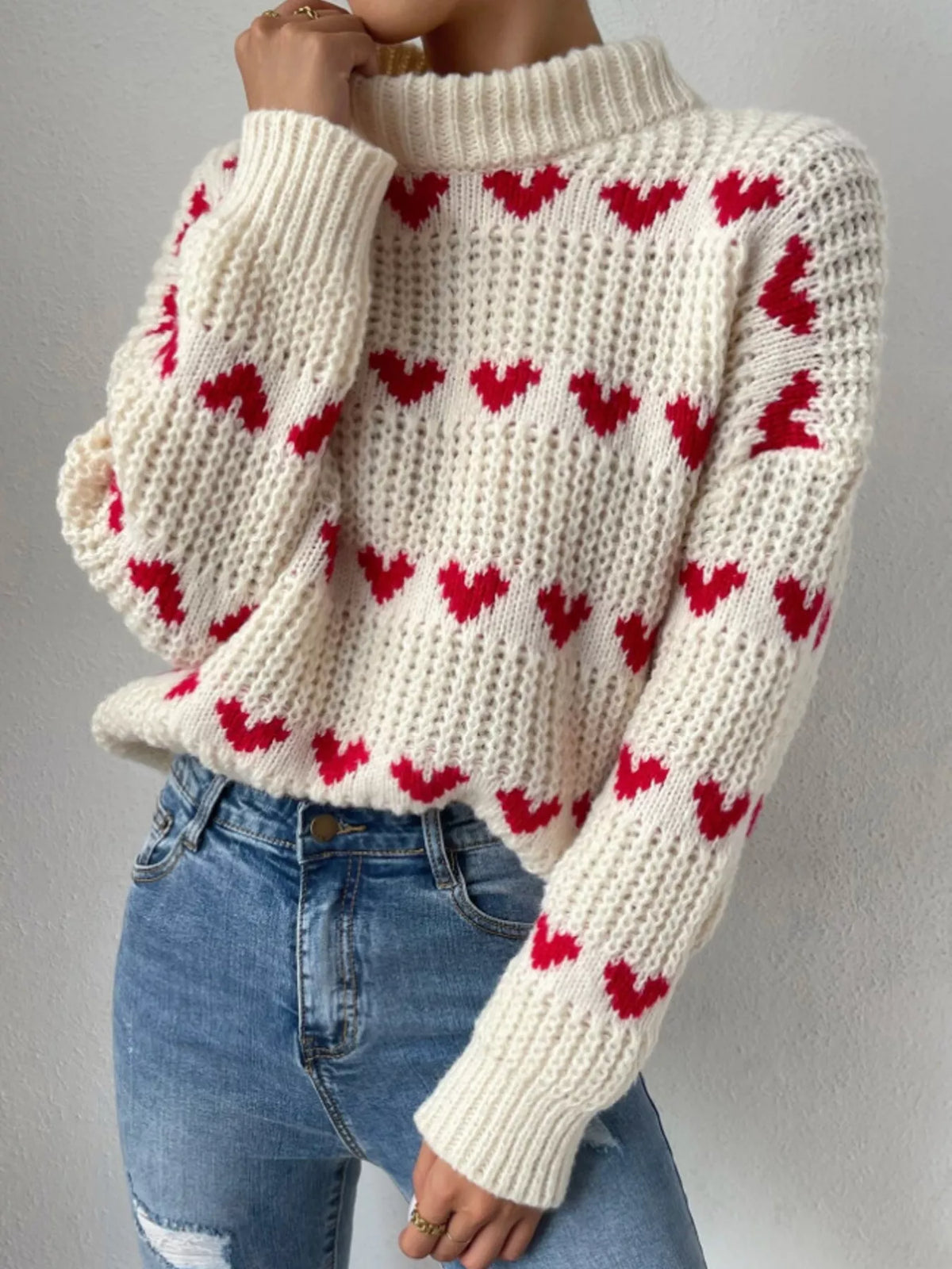Heart Pattern Mock Neck Chunky Knit Sweater - Beige - View 2