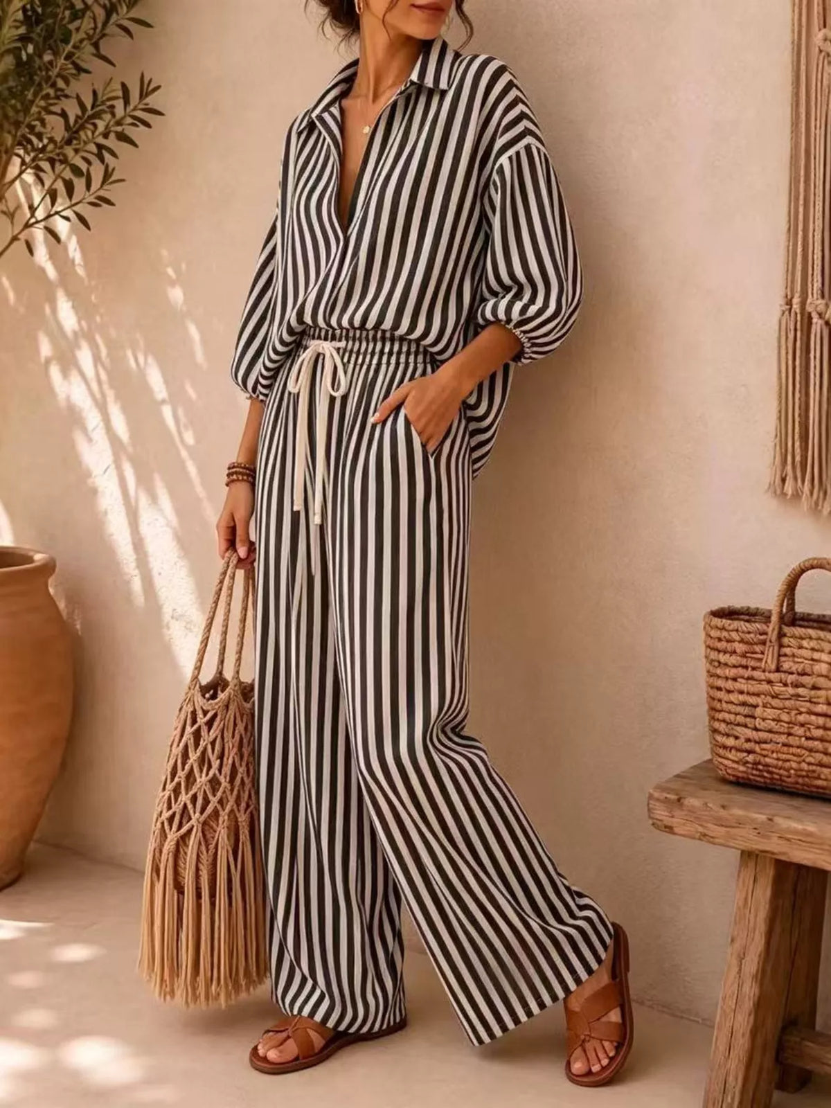 Striped Collared Shirt and Wide-Leg Drawstring Pants Set - Black - View 1