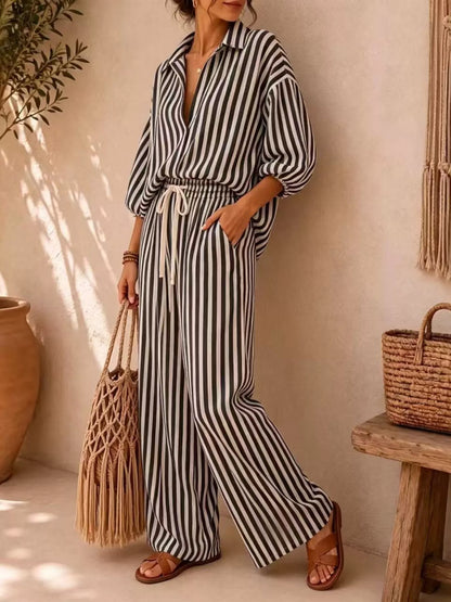 Striped Collared Shirt and Wide-Leg Drawstring Pants Set - Black - View 1