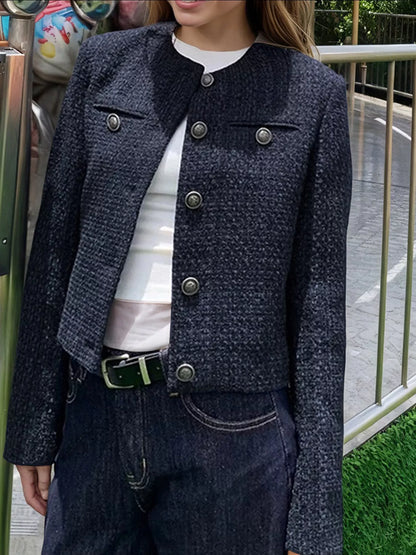 Tweed Metallic Buttons Cropped Outerwear - Blue - View 2