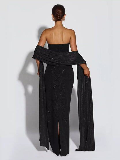 Slit Glitter Tube Maxi Dress with Scarf - Black - View 3