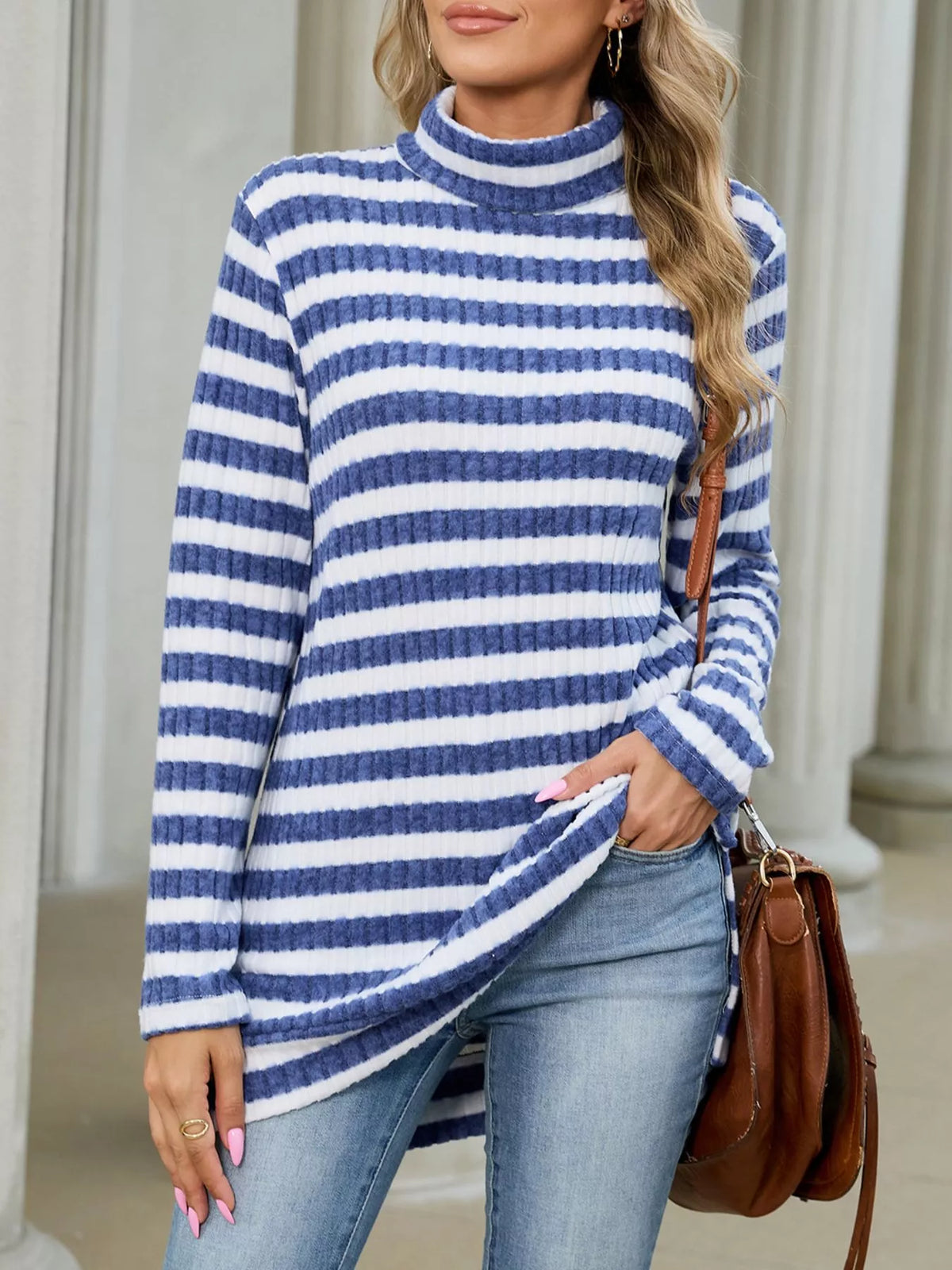 Striped Ribbed Knit Turtleneck Long Sleeve T-Shirt - Blue - View 5