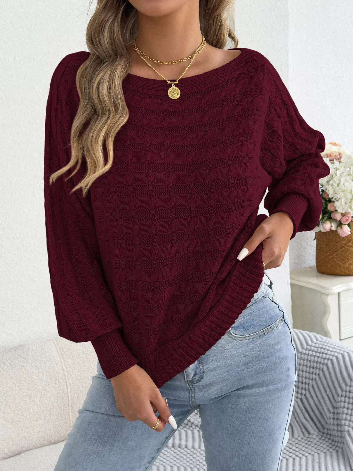 Cable Knit Boat Neck Sweater - Burgundy - View 6