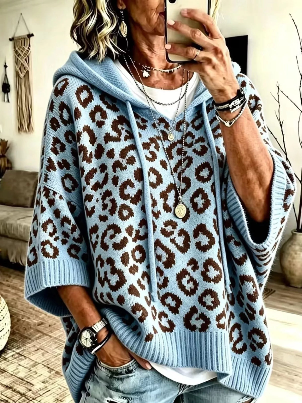 Drawstring Leopard Hooded Sweater - Blue - View 4