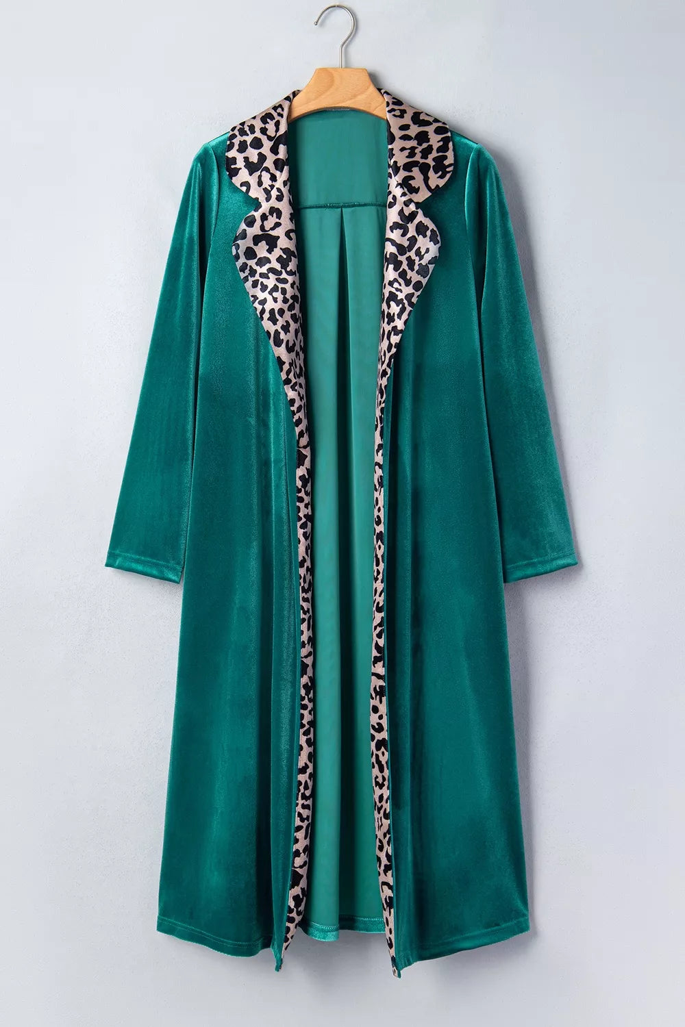 Velvet Contrast Leopard Print Lapel Collar Open Front Cardigan - Deep Teal - View 5