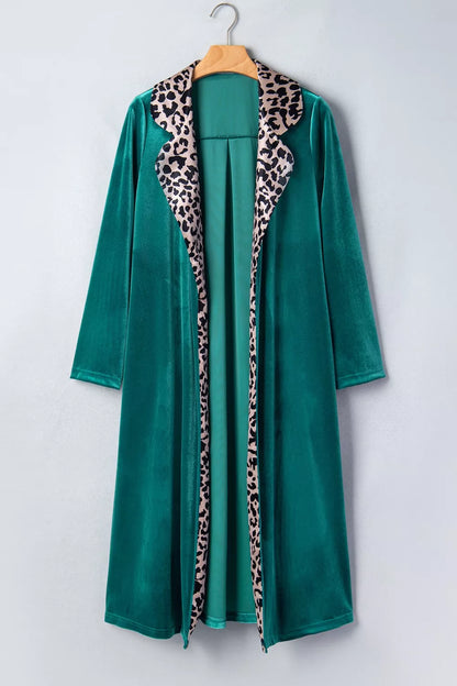 Velvet Contrast Leopard Print Lapel Collar Open Front Cardigan - Deep Teal - View 5
