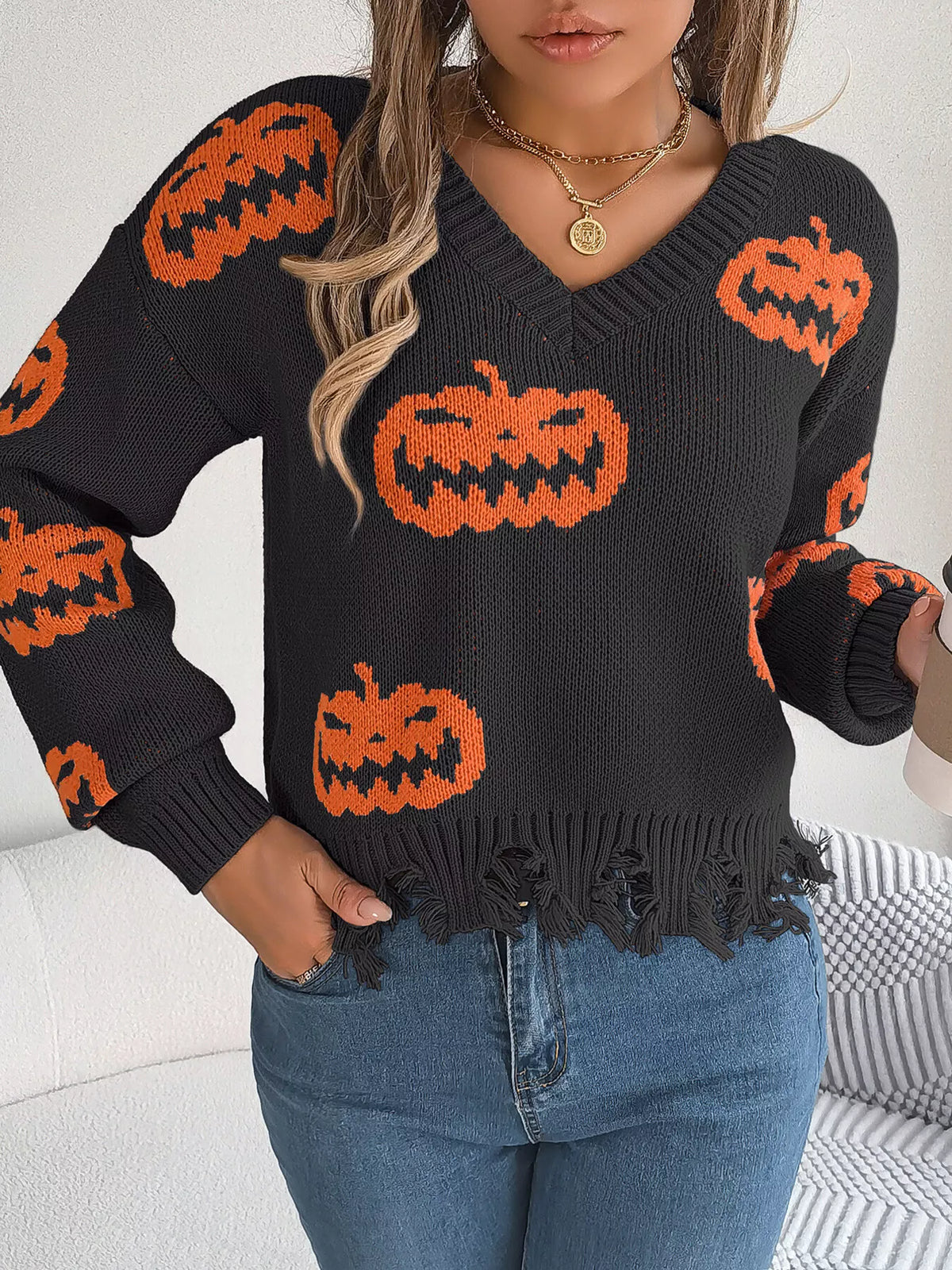 Pumpkin Distressed Hem Sweater - Black - View 6