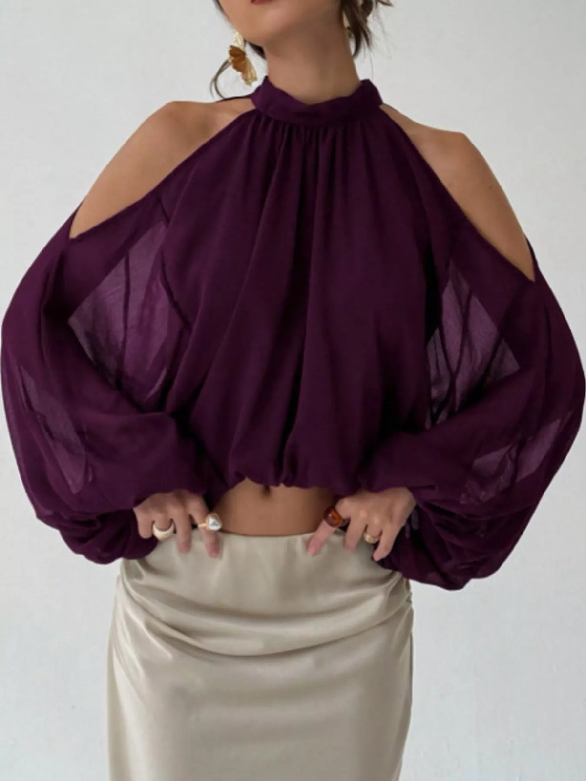 Cold-Shoulder Long Sleeve Blouse - Purple - View 15