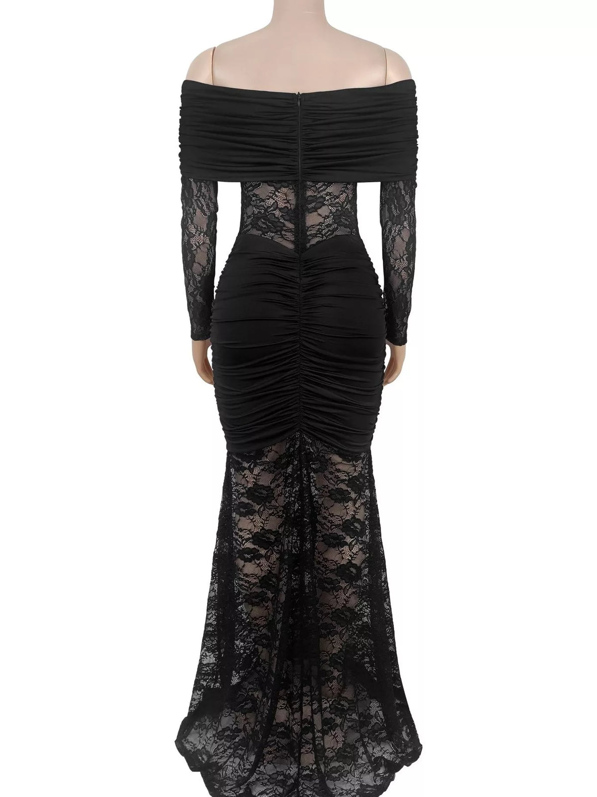 Off-Shoulder Ruched Lace Mermaid Maxi Dress - Black - View 5