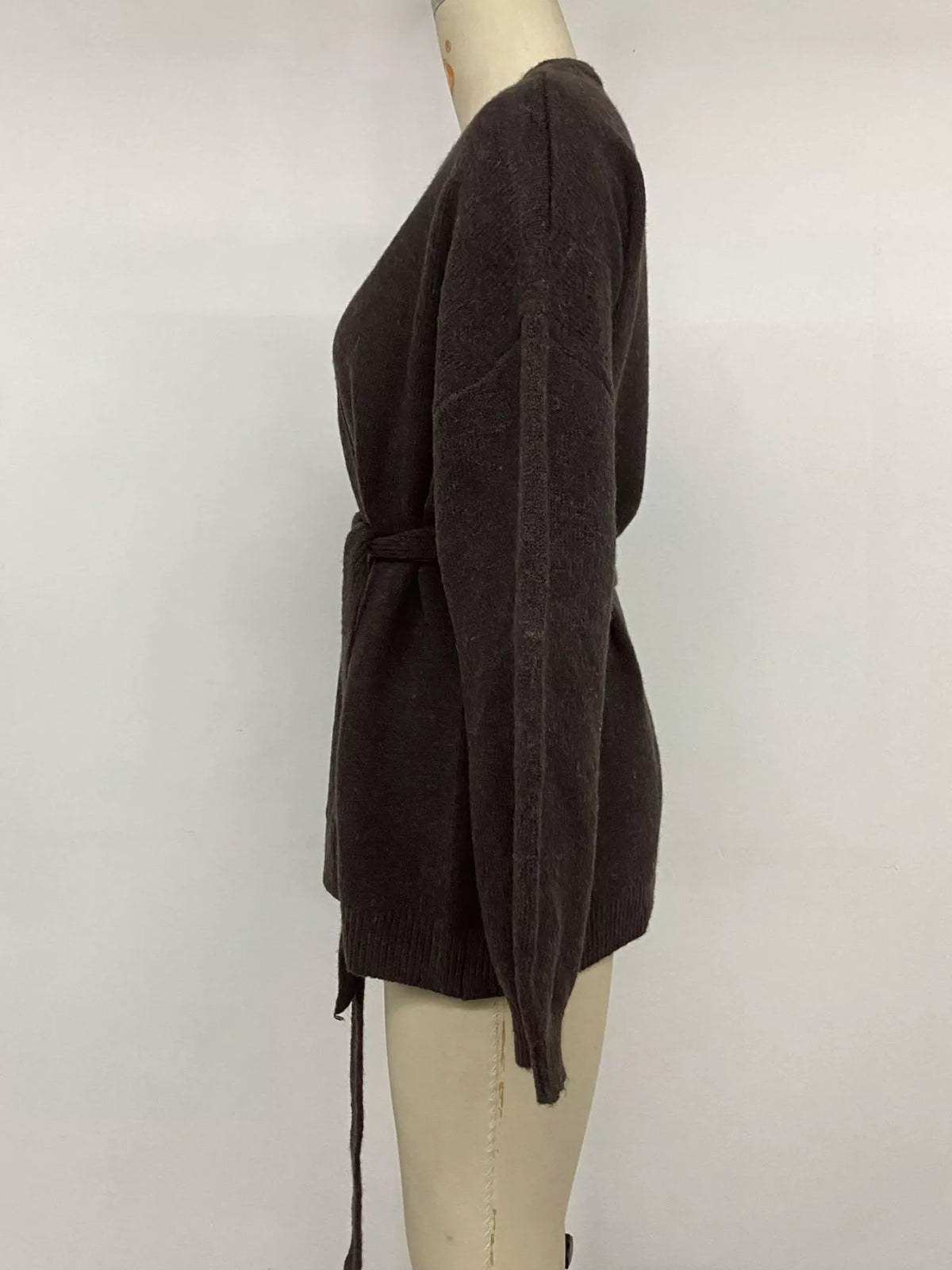 Tie Waist Dropped Shoulder Wrap Cardigan - Chocolate - View 9