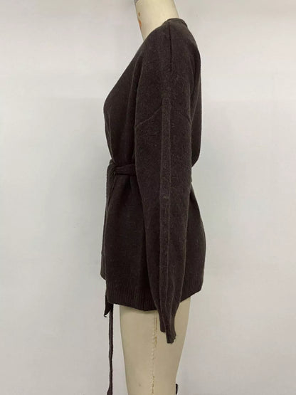 Tie Waist Dropped Shoulder Wrap Cardigan - Chocolate - View 9