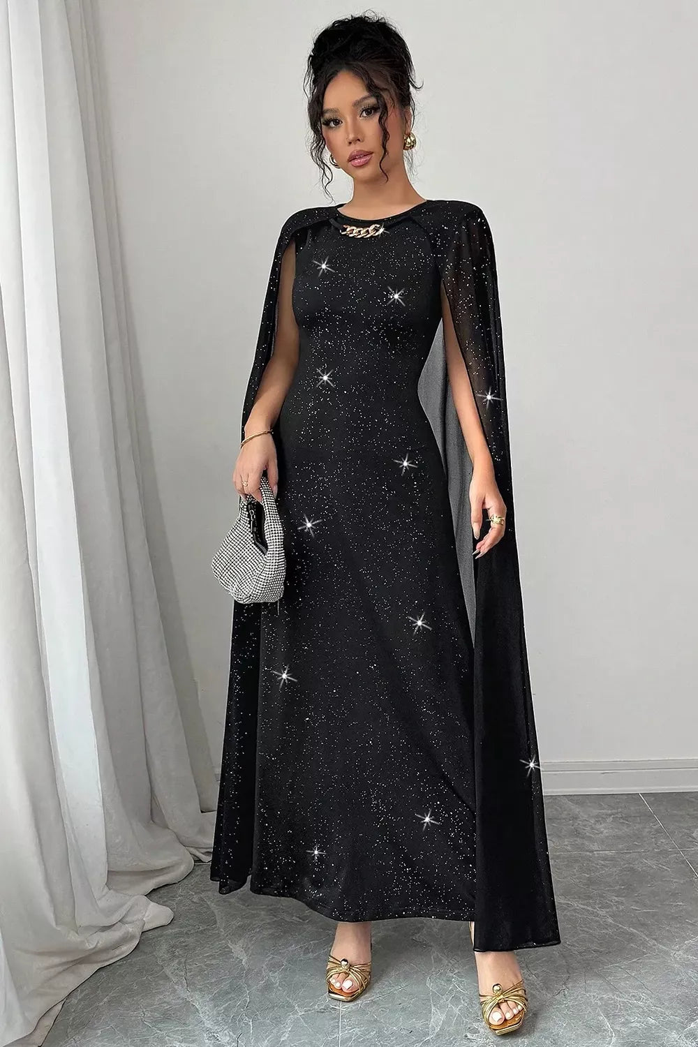 Glitter Cape-Sleeve Maxi Dress - Black - View 4