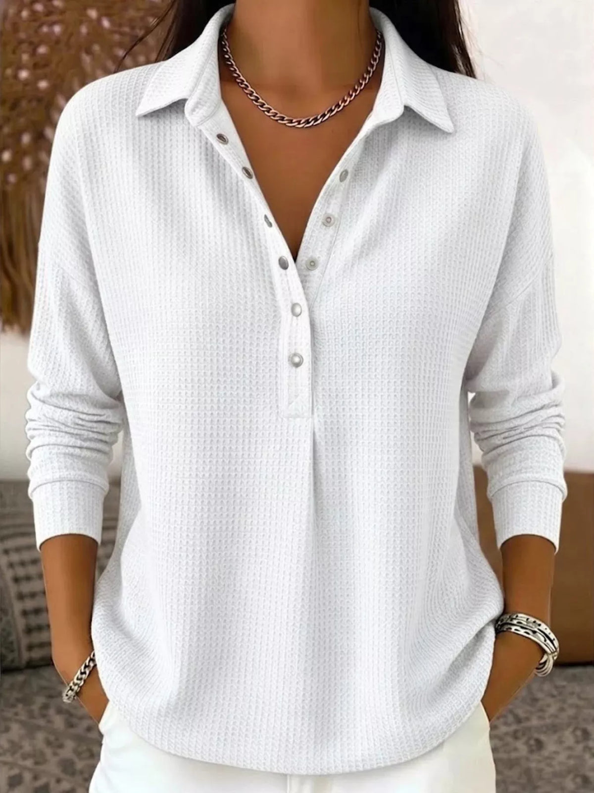 Waffle Knit Snap Down Blouse - White - View 7