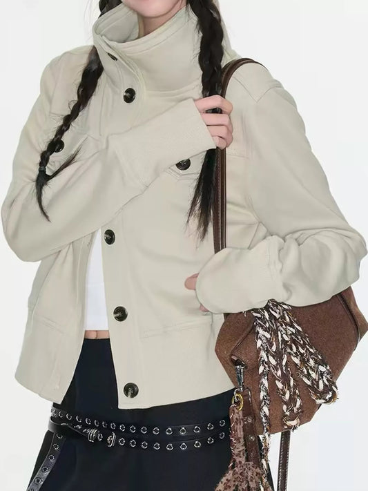 High-Neck Button-Up Jacket - Khaki - View 1