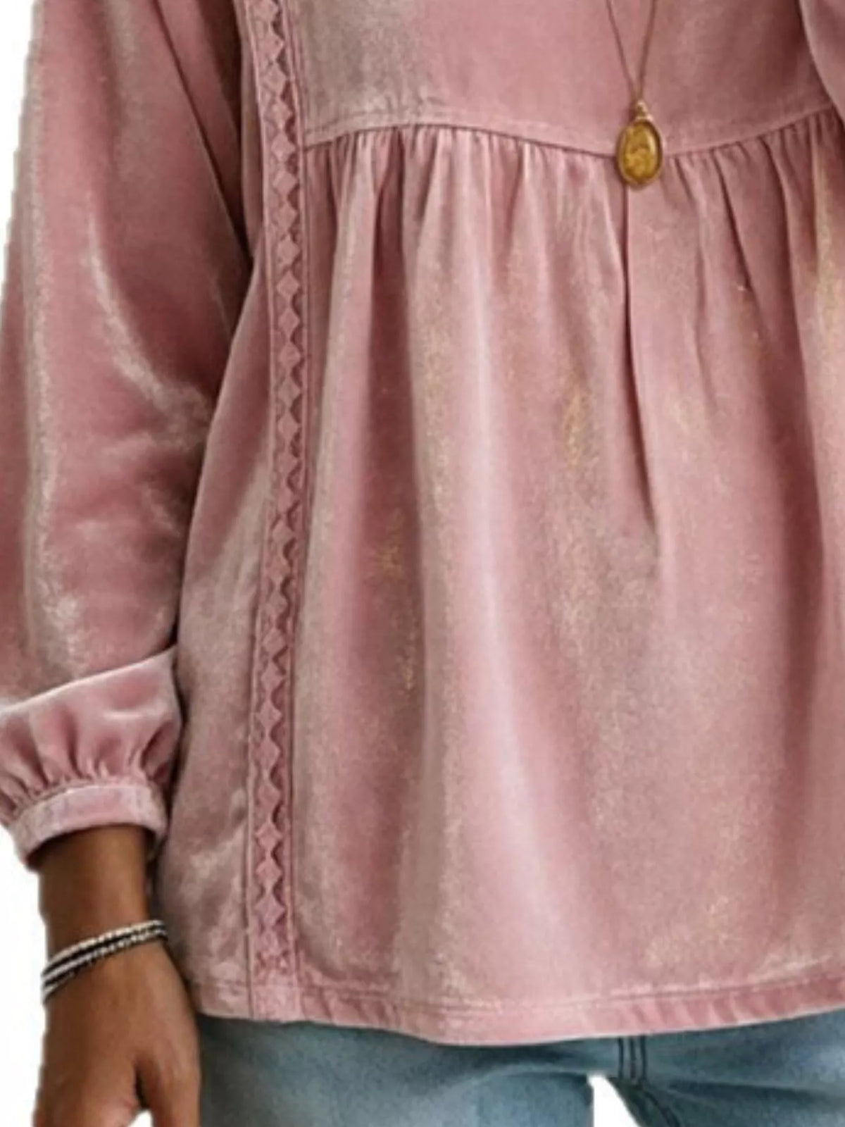 Full Size V-Neck Long Sleeve Velvet Blouse with Lace Trim Plus Size - Pink - View 3
