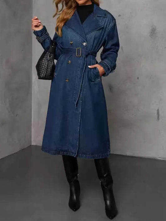 Button Up Long Sleeve Longline Denim Jacket - product photo 2