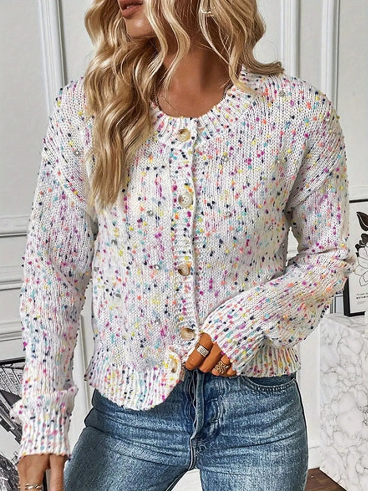 Textured Knit Button-Up Cardigan - White - View 4