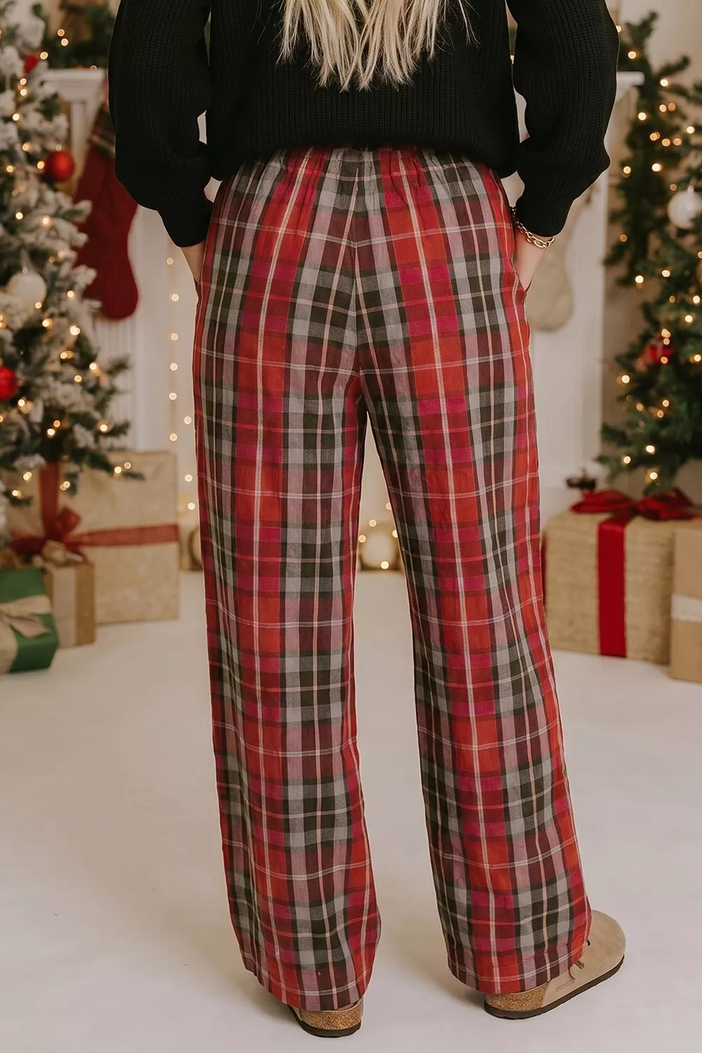 Plaid Elastic Waist Pocket Regular Full-Length Pants - Burgundy - View 2