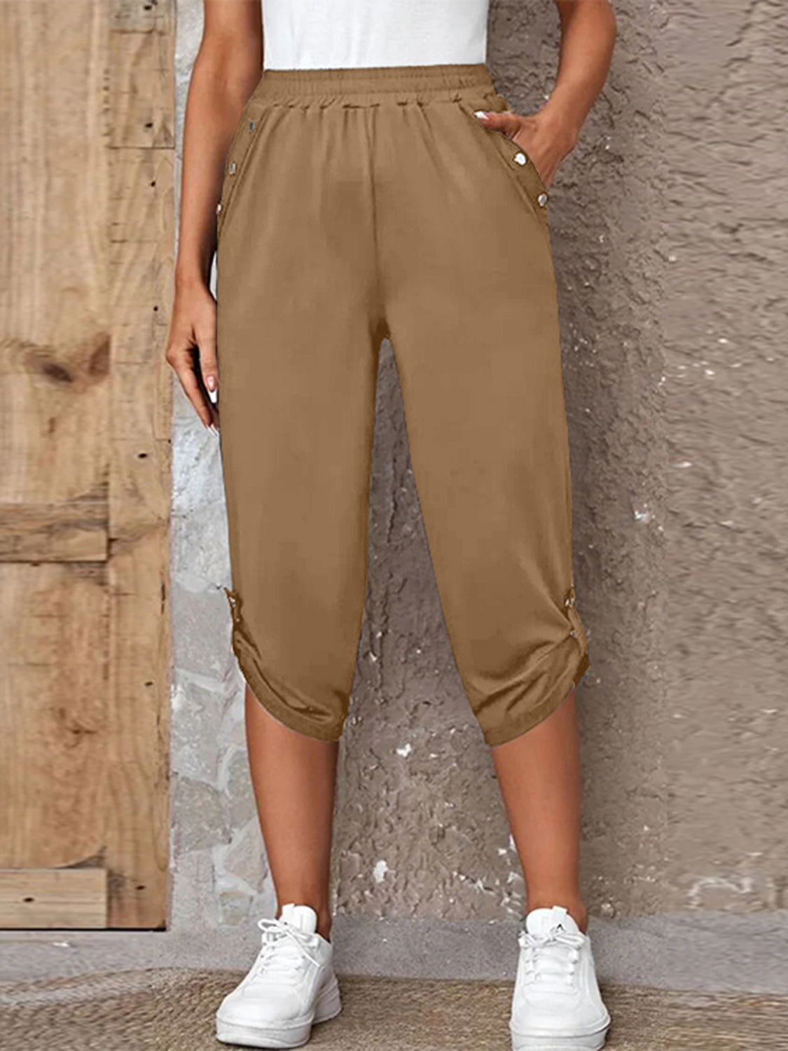 Full Size Roll-Tab Capris Pants - Camel - View 10
