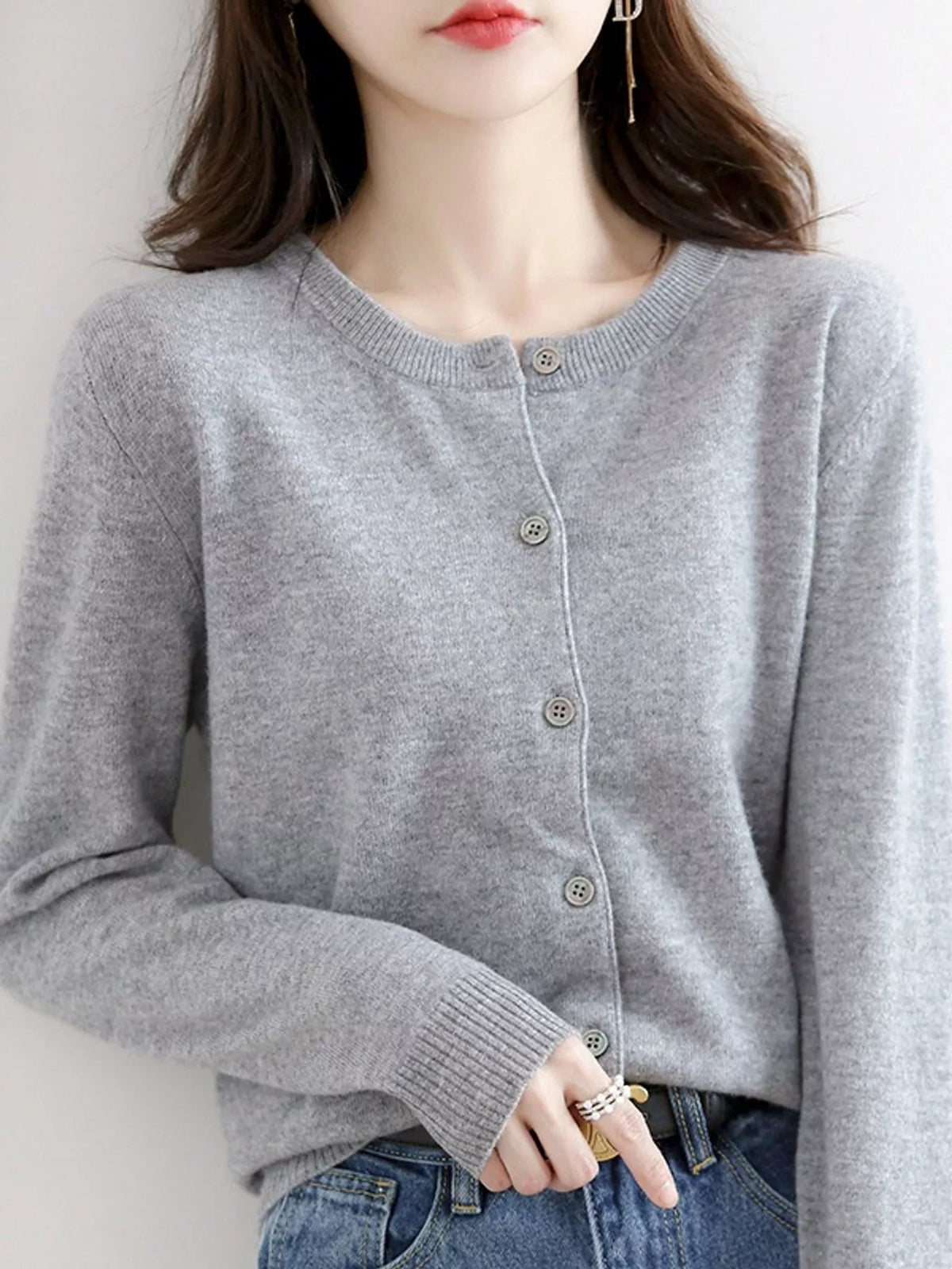 Crew-Neck Button-Down Cardigan - Medium Gray - View 54