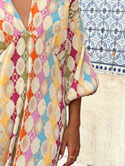 Full Size V-Neck Multi-Color Geometric Print Maxi Dress Plus Size - Multicolor - View 3