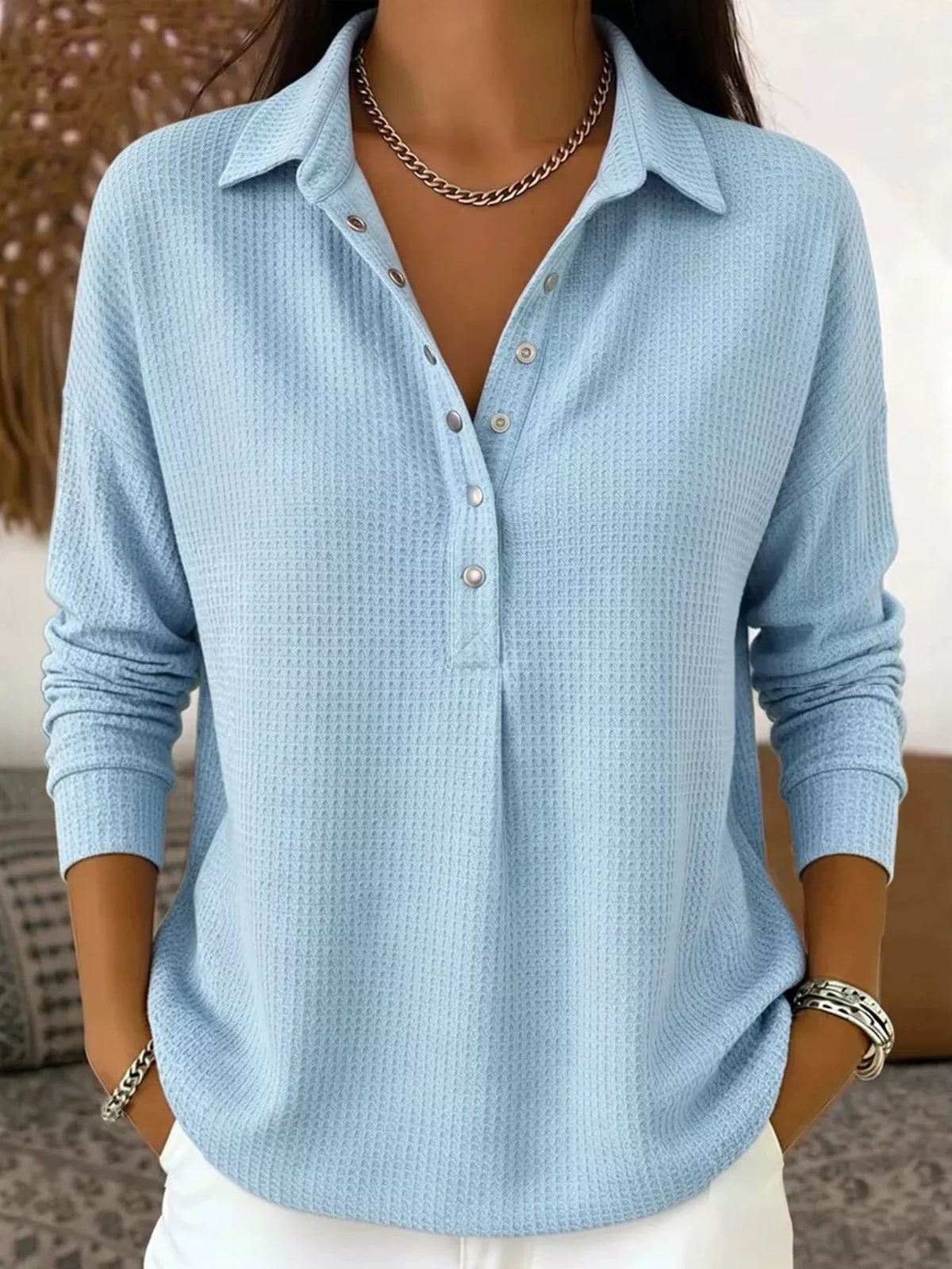 Waffle Knit Snap Down Blouse - Light Blue - View 5