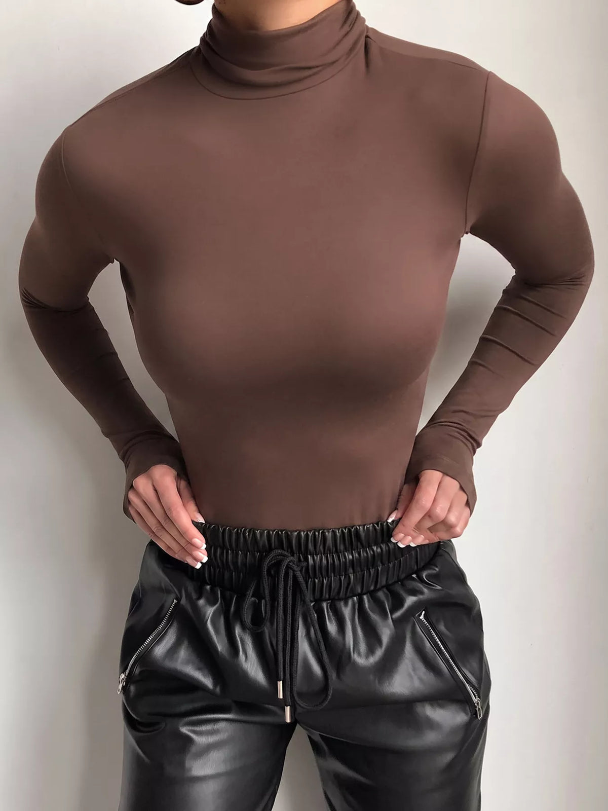 Mock Neck Long Sleeve Slim Fit T-Shirt - Brown - View 4