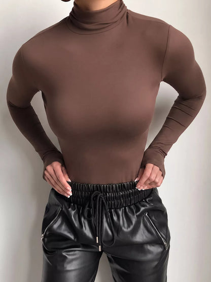 Mock Neck Long Sleeve Slim Fit T-Shirt - Brown - View 4