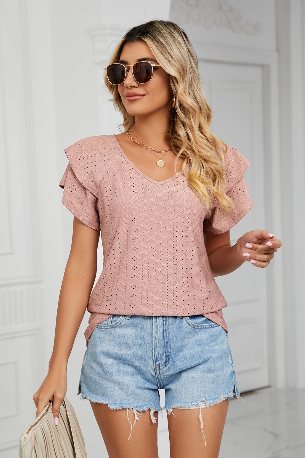 Eyelet Layered Flutter Sleeve V-Neck Knit Top - Dusty Pink - View 4